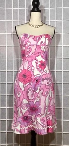 TIBI WOMEN’S DRESS OPEN BACK FLORAL RUFFLED COTTON PINK MULTI STRAPLESS - Picture 1 of 5