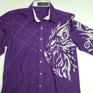 Jeansian Men's Fashion Dress Shirt Med Casual LS Purple Slim Fit Tatoo Stylish - Picture 1 of 11