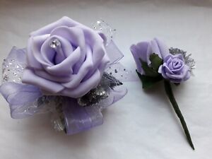 Prom/Wedding lilac & silver  Wrist Corsage & buttonhole glitter