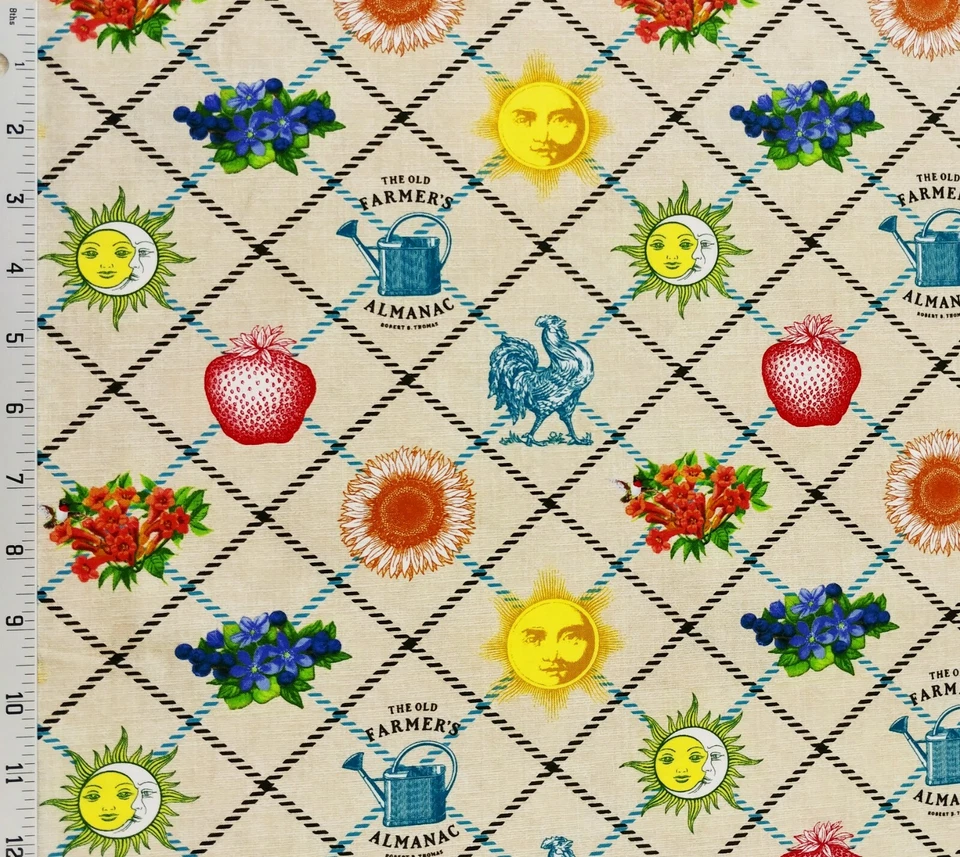 Tela de algodón Sykel Old Farmers Almanac Tattersall Folklore Astronomía Jardín Foto 1 de 2