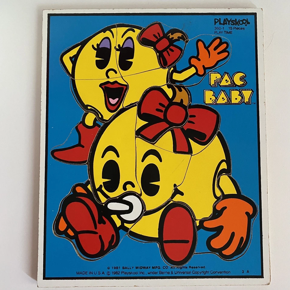 Vintage Wood Playskool Puzzle Toddler 1981 Ms Pac Man Baby  Bally Midway 15pc - Image 1 of 4