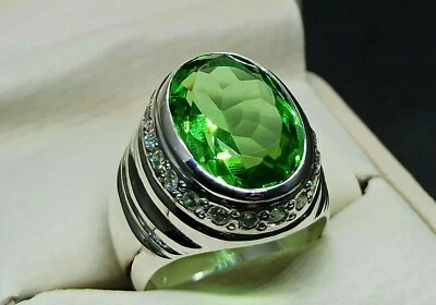 16 Ct Oval Deep Green Peridot Sterling Silver 925 Handmade Green Beryl Mens Ring - Image 1 of 4