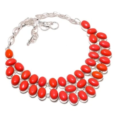 Colar de joias de prata esterlina 925 étnico feito à mão com pedra preciosa de coral vermelho 18" a287 - Imagem 1 de 4