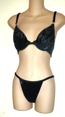 Sujetador Tanga Bragas Vintage Victorias Secret Negro Terciopelo Estrás 36C Mediano  Foto 1 de 4
