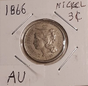 1866 3-Cent Nickel (AU Condition) - Picture 1 of 5