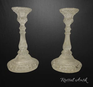 97253 Charming Antique Pair of Pressed Glass Candlesticks / Candlesticks Clear 18cm - Picture 1 of 5