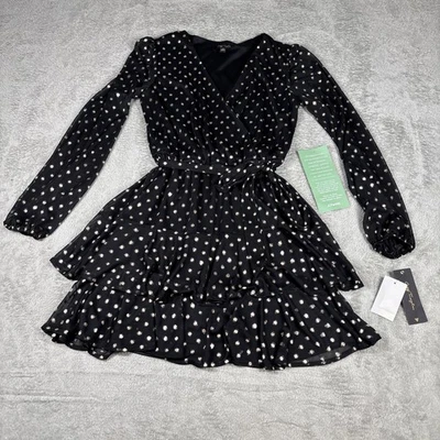 City Triangles Black & Gold Polka Dot Long Sleeve Tiered Ruffle Dress Sz 3 New - Image 1 of 4