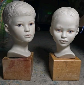Vintage Cybis Porcelain Boy & Girl Blue Eyes Child Busts On Wood Stand Signed - Picture 1 of 13