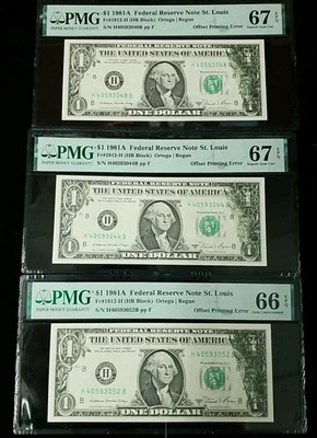  3 Consecutive 1981A $1 FRN Offset Printing Error PMG 67,66 EPQ #101 - Image 1 of 4