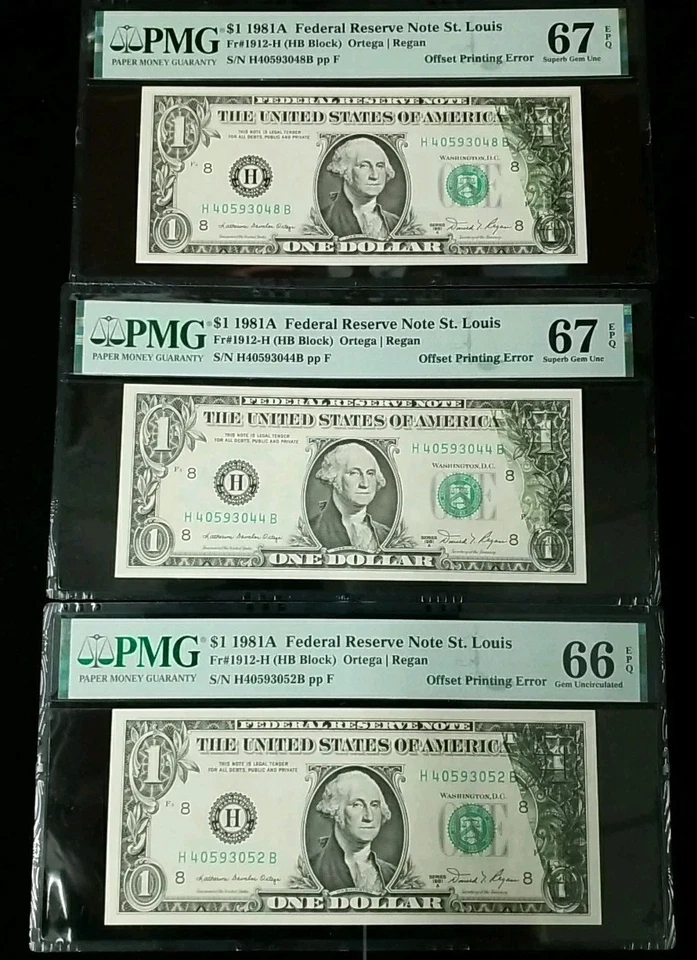 3 Consecutive 1981A $1 FRN Offset Printing Error PMG 67,66 EPQ #101 - Image 1 of 4