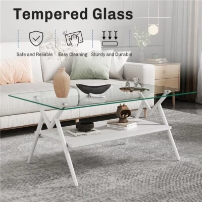 Modern Rectangle Glass Coffee Table Side Center Table with Shelf for Living Room - Image 1 of 4