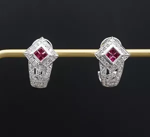 18k White Gold Natural Ruby Diamond Earrings 1ctw French Clip Designer Ed EG2446 - Picture 1 of 4