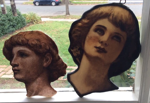 Two(2) Pre-Raphaelite Style Hand Painted Antique Stained Glass Heads Cover