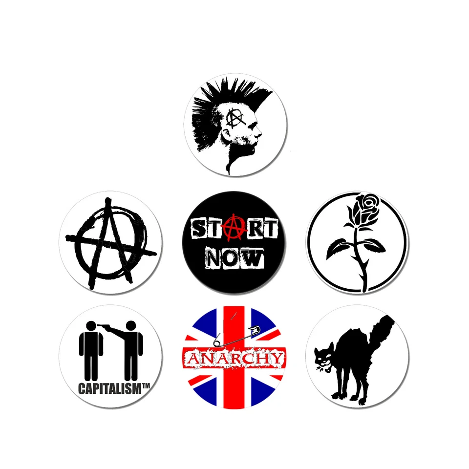 Button Anarchie Set 7 Stk NEU 2,5cm Punk Oi! Skinhead Punkrock Anarchy Chaos - Bild 1 von 1