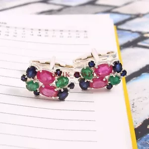 Heated Ruby, Emerald & Heated Sapphire With 925 Sterling Silver Cufflink 4720 - Picture 1 of 3