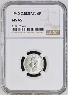 Great Britain - 1940 George VI Silver 6 Pence - NGC MS65 ONLY 2 in 65 - TOP POP! - Image 1 of 2