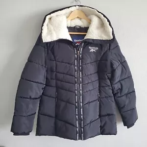 Reebok Womens Black Hooded Long Puffer Coat Faux Fur Hood Zip Up Size Medium  - Picture 1 of 12