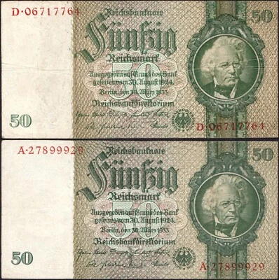 2 different x 50 Reichsmark 1933 - Germany -Pick:182b & 182a -"F&VF"-"F73" - Image 1 of 4