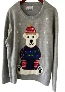 Vintage Sz XXL Cute Light Up Polar Bear Gray Ugly Christmas Sweater EUC **Works - Picture 1 of 19