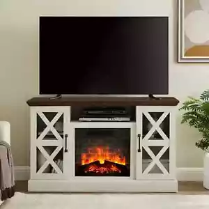 Farmhouse Fireplace TV Stand for TVs up to 55", off White/Walnut - Picture 1 of 8