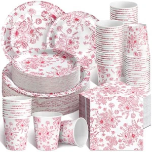 250 Pcs Disposable Tableware Set Paper Plates Napkins Cup Vintage Party Supplies - Picture 1 of 7