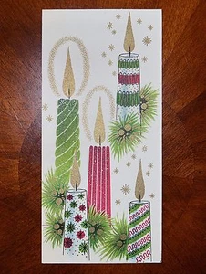 Vintage UNBENUTZTE Weihnachtskarte GLITZER FESTLICHE FEIERTAGSKERZEN Mid Century - Bild 1 von 5