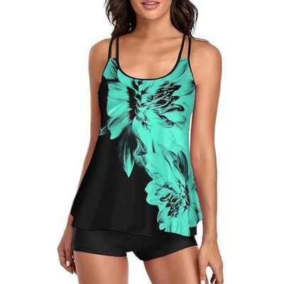Conjunto de traje de baño Tankini floral verde azulado negro talla grande 3XL para mujer pantalones cortos para niño Foto 1 de 4