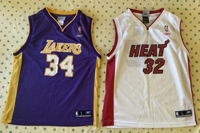 Two Reebok NBA Shaquille O'Neal Jersey Heat 32 Lakers 34 Youth Size Large 14-16 - Image 1 of 4