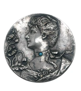 Original Art Nouveau Lady Portrait Brooch, Repousse, Silver - Picture 1 of 2