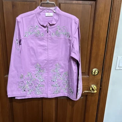 Quaker Factory Floral Embroidered Lightweight Lavender Zip Up Jacket Size L - Image 1 of 4