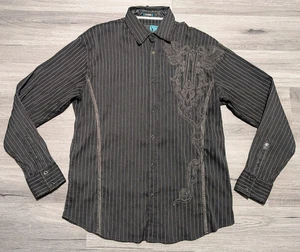 Roar Men's Black Striped Tribal Embroidered Western Long Sleeve Shirt Size Large - Picture 1 of 8