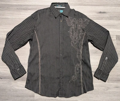 Roar Men's Black Striped Tribal Embroidered Western Long Sleeve Shirt Size Large - Image 1 of 4