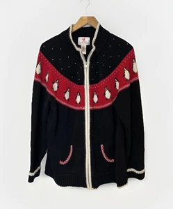 Quacker Factory Womens Sweater 1X Angora Black Novelty Penguins Cardigan Holiday - Picture 1 of 7