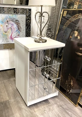 White 3 Drawer Mirrored Bedside (FULLY ASSEMBLED) Silver Crystal Metal Runners - Image 1 of 4