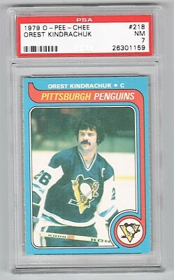 1979-80 O-Pee-Chee #218 Orest Kindrachuk Penguins PSA 7 (NRMT) - Image 1 of 2