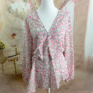 NEW Eloquii Women’s Pink Polka Dot Floral Print V Neck Blouse Plus Size 14 - Picture 1 of 9
