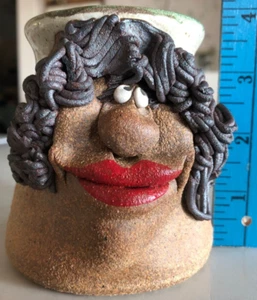 Vintage 1982 Stoneware Mug Artist Signed 3D Ugly Funny Face Lady Red Lips Unique - Picture 1 of 8