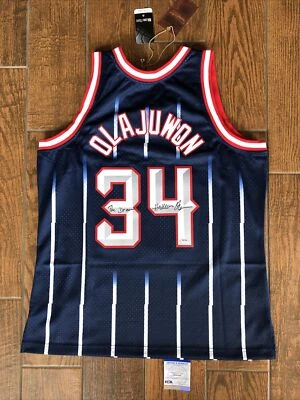 Hakeem Olajuwon Signed HOUSTON ROCKETS  Mitchell Ness Jersey PSA The Dream Inscr - Image 1 of 4
