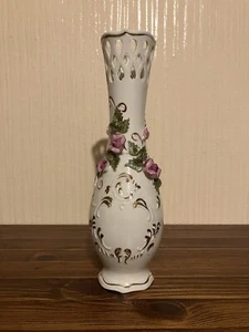 Schön gestaltete Vase aus Keramik - 27cm hoch, Öffnung 5cm, Rosen Golddekor - Bild 1 von 7