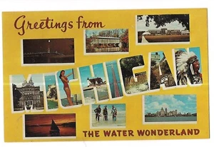 Greetings from MICHIGAN Water Wonderland Large Letter Multi Pics MI Postcard - Picture 1 of 1