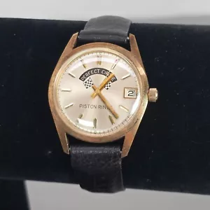 VTG Perfect Circle Piston Rings Mens Watch Manual Wind Black Gold-Tone Advert. - Picture 1 of 10