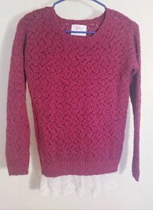 Justice 14 Crochet Sweater Maroon Red Lace Bottom Pullover Nice - Picture 1 of 6