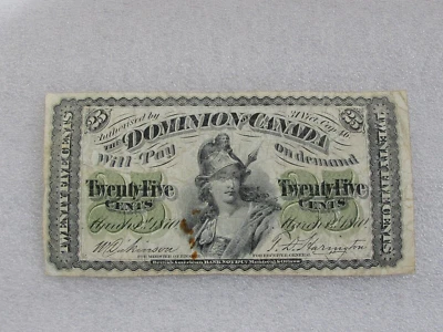 1870 Dominion of Canada  25 cents shinplaster banknote 1/4 dollar PLAIN VF - Image 1 of 4
