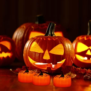 12 Pack Bright 3D Halloween Pumpkin LED Tea Light Candle Flameless Battery - Picture 1 of 9