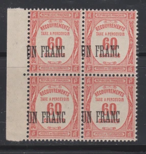 FRANCE VARIETE BLOC DE 4 TAXE YT 63 N** UN FRANC SURCHARGE DECALEE BDF - Picture 1 of 2