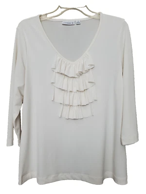 Top Susan Graver Off-White LiquidKnit manga 3/4 cuello en V con volantes delanteros talla M Foto 1 de 4