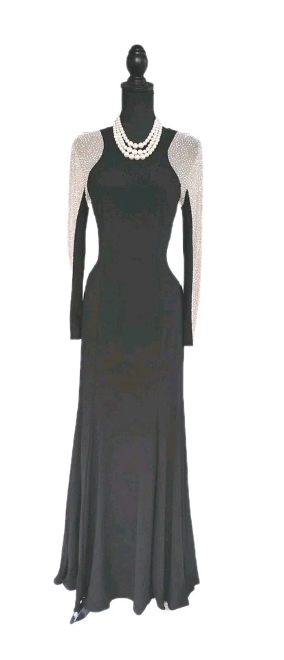 Vestido Xscape 10 preto bege nude noite rabo de peixe maxi formal malha vestido frisado M - Imagem 1 de 4