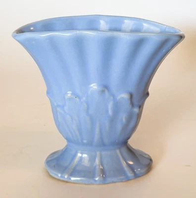 1930s Perwinkle USA Pottery Fan Vase McCoy Hall Style Purple Blue Stoneware - Image 1 of 4