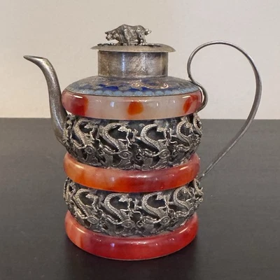 Old Chinese Tibet Silver Inlay Red Jade Dragon Wine Pot Handcarved 4.5” Teapot - Image 1 of 4