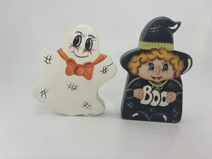 Vintage Holz Halloween Regal Deko handbemalt Hexe und Geist Set - Bild 1 von 8